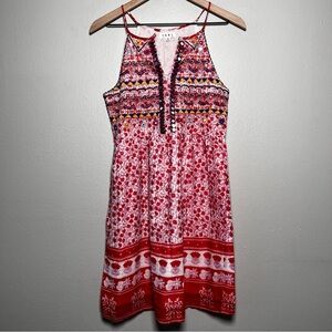 THML Women Mini Dress‎ XS Red Embroidered Boho Keyhole Summer Halter Artsy